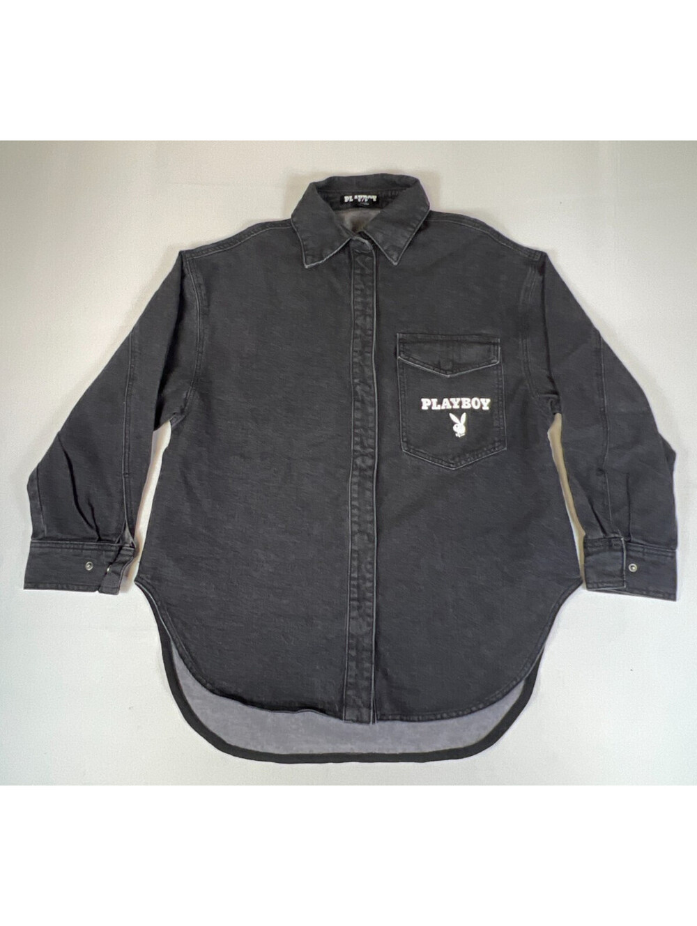 Playboy Black Denim Button Down Shirt Jacket Oversize Logo Size Small S